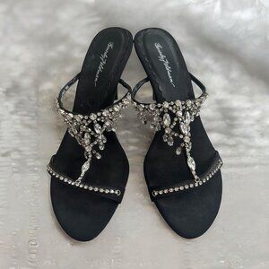 BEVERLY FELDMAN Rhinestone Black Satin Jeweled Sandals Heels Size 9